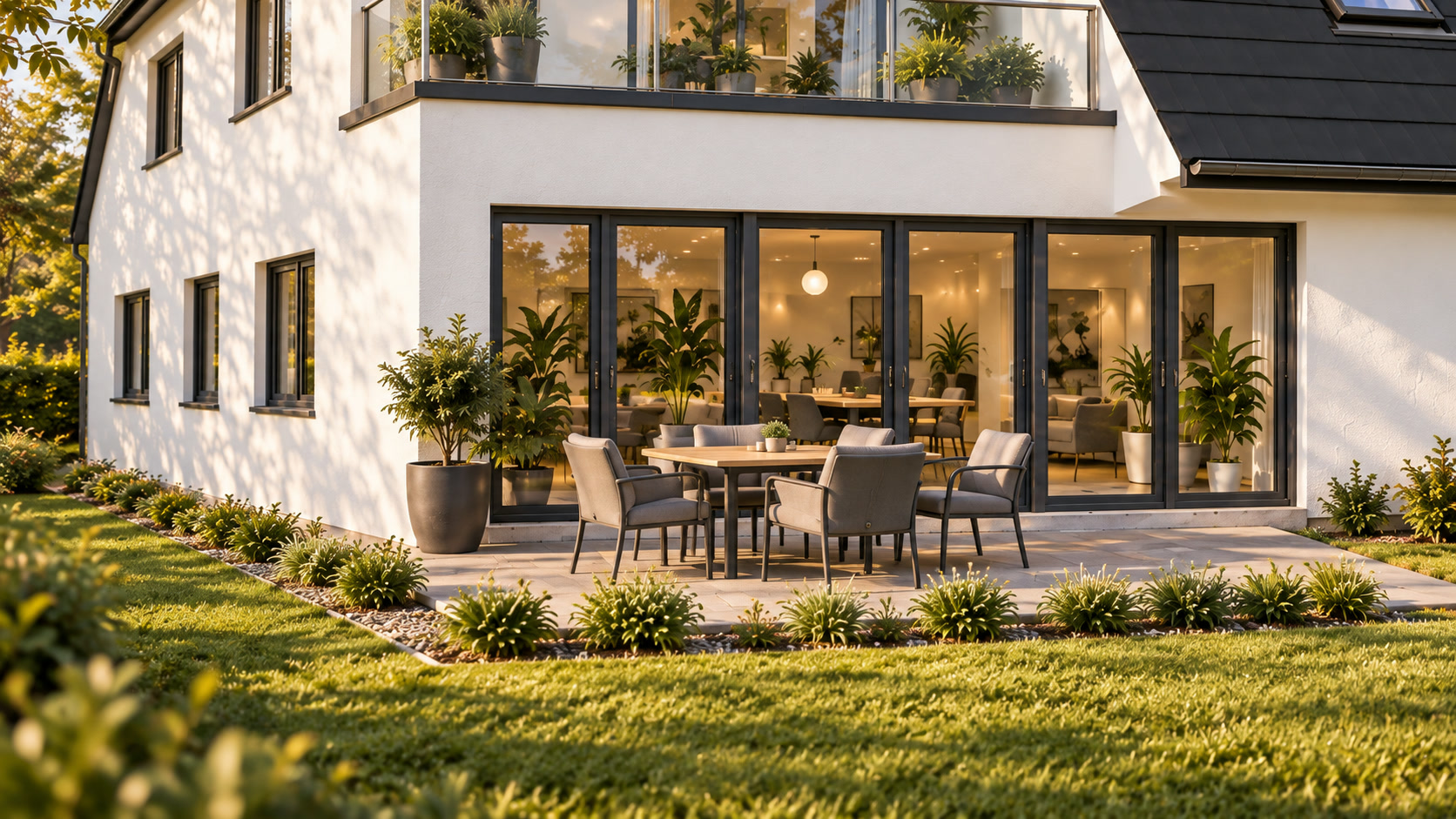 Visualisierung der Erdgeschosswohnung mit Terrasse und Garten an der Erlengrundstraße 31
